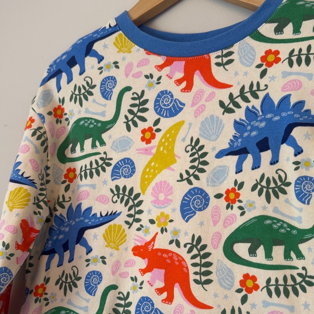 Mini Boden Cream Dress with Multicolor Dinosaur Print (blue, green, red, yellow) - Picture 2 of 8